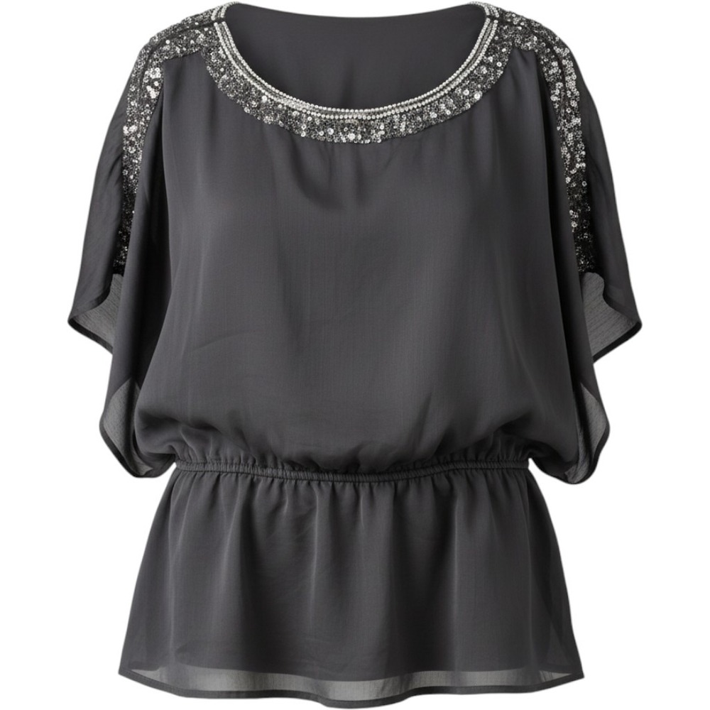 Catherines Women 1X Blouse Gray Sequin Bead Trim Flutter Sleeve Elastic Waist